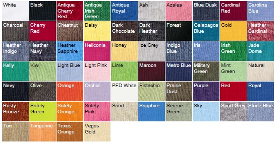 Apparel Color Chart Main Page - D2K Graphics